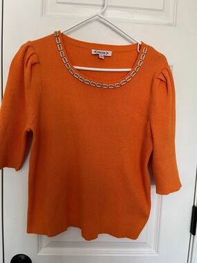 Nanette Lepore Orange Ribbed Top with Chain Accent